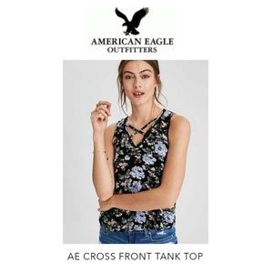 AE Cross Front Black Floral Tank Top-Large